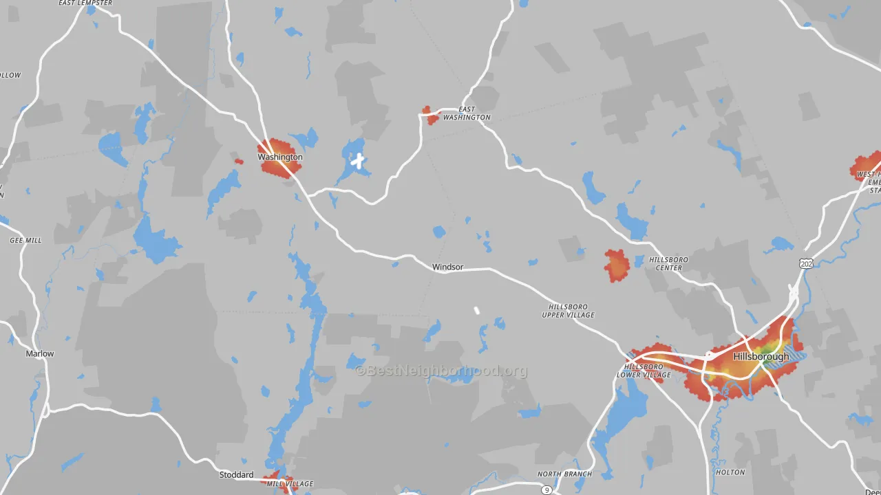 Walk Grade map of Lower Village, NH, walkable areas in green and car-dependent areas in red