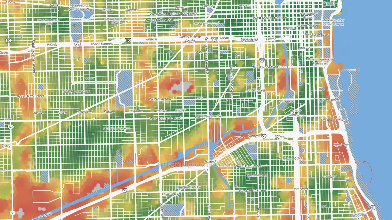 Walk Grade map of Lower West Side, Chicago, IL, walkable areas in green and car-dependent areas in red