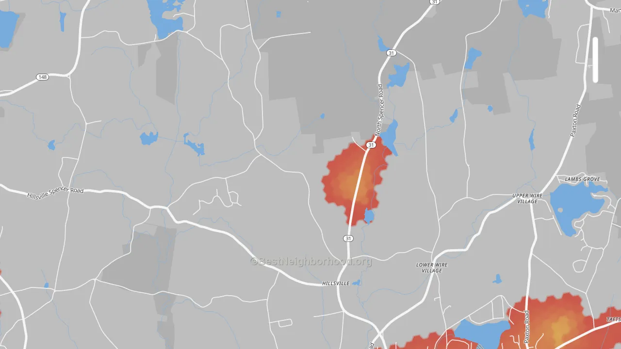 Walk Grade map of Lower Wire Village, MA, walkable areas in green and car-dependent areas in red