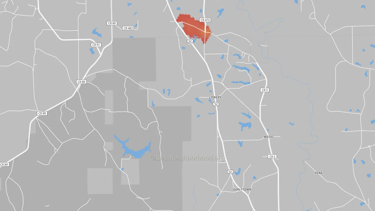 Walk Grade map of Lowery, AL, walkable areas in green and car-dependent areas in red