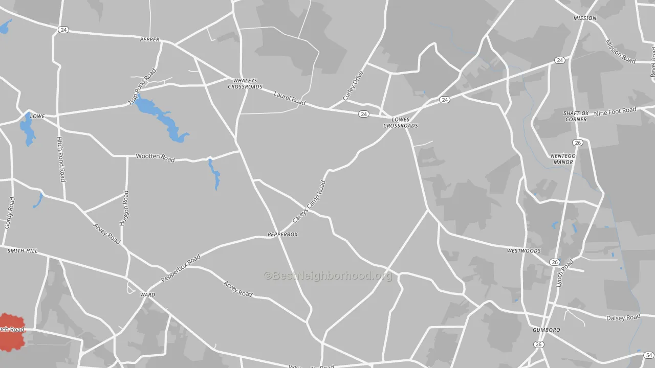Walk Grade map of Lowes Crossroads, DE, walkable areas in green and car-dependent areas in red