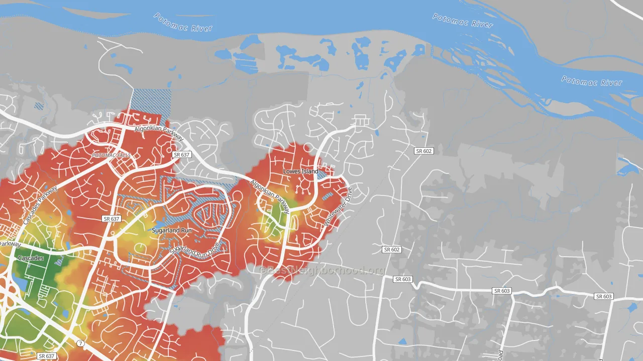 Walk Grade map of Lowes Island, VA, walkable areas in green and car-dependent areas in red
