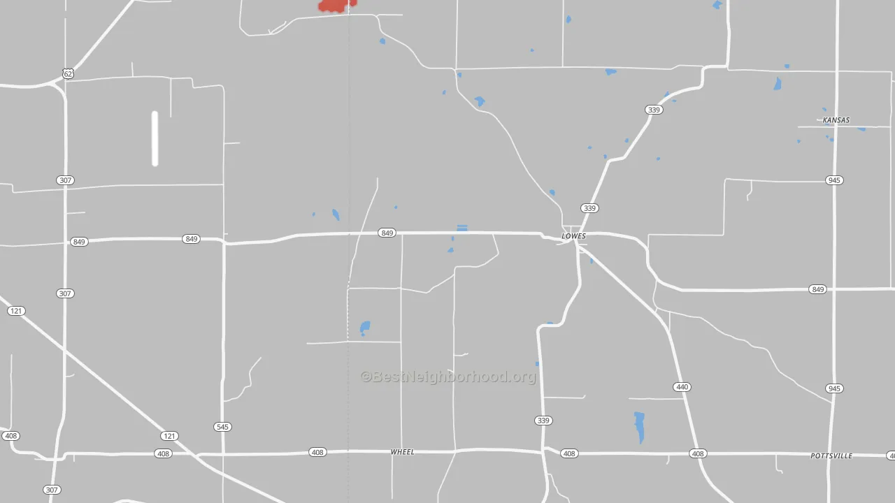 Walk Grade map of Lowes, KY, walkable areas in green and car-dependent areas in red
