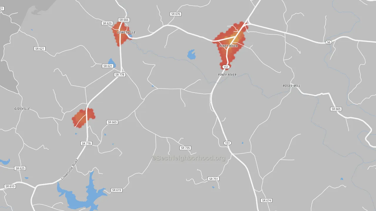 Walk Grade map of Lowesville, VA, walkable areas in green and car-dependent areas in red