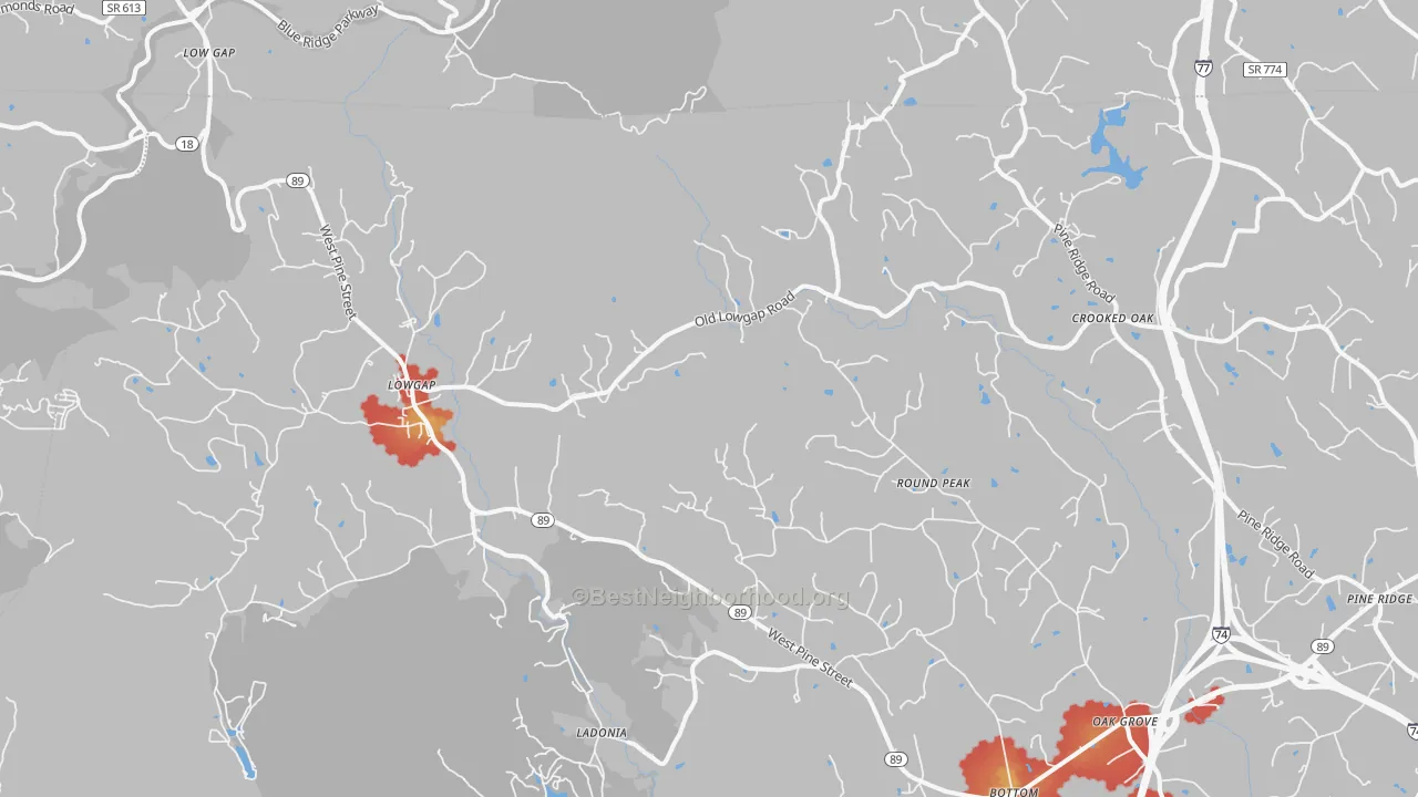 Walk Grade map of Lowgap, NC, walkable areas in green and car-dependent areas in red