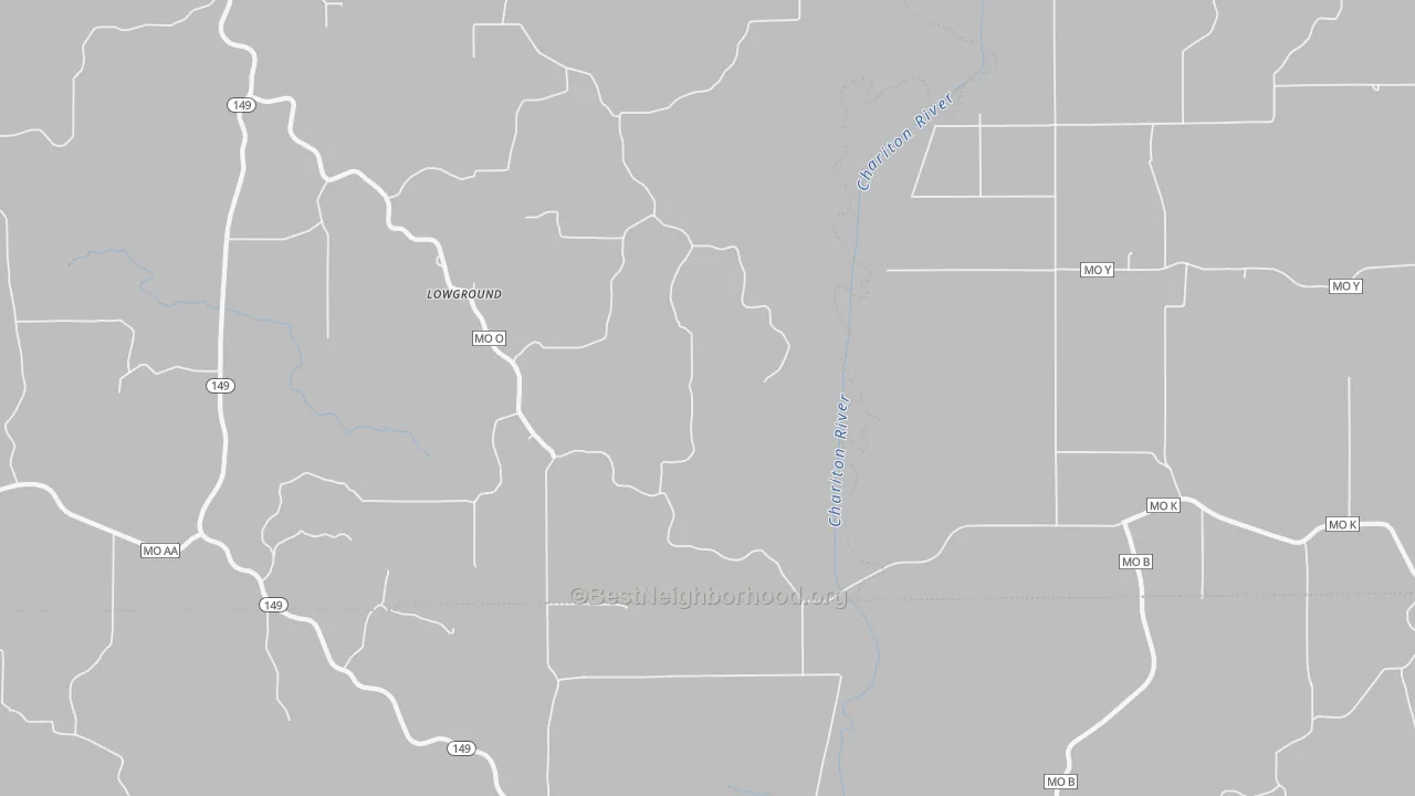 Walk Grade map of Lowground, MO, walkable areas in green and car-dependent areas in red