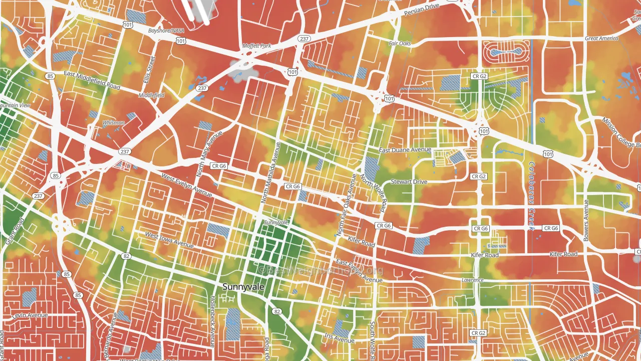 Walk Grade map of Lowlanders, Sunnyvale, CA, walkable areas in green and car-dependent areas in red