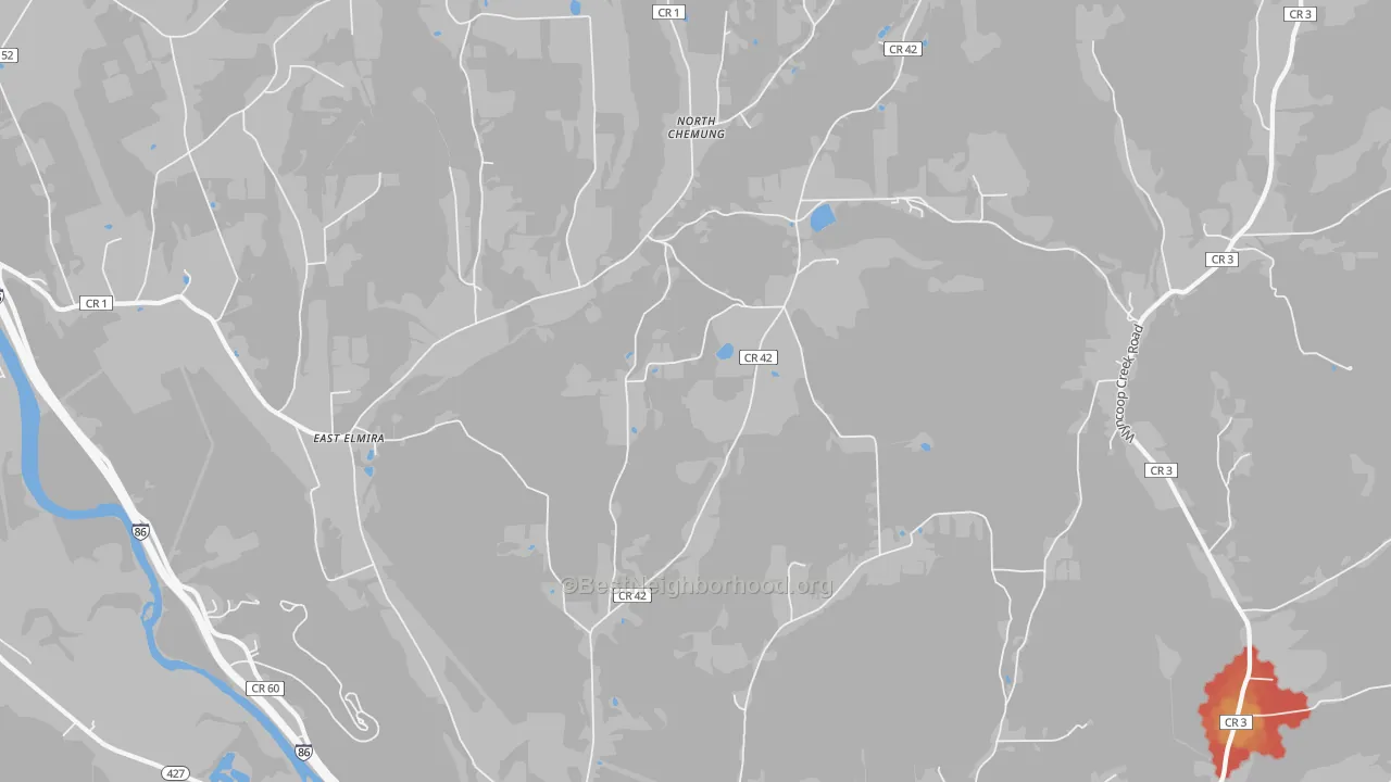 Walk Grade map of Lowman, NY, walkable areas in green and car-dependent areas in red