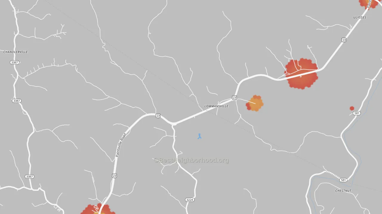 Walk Grade map of Lowmansville, KY, walkable areas in green and car-dependent areas in red