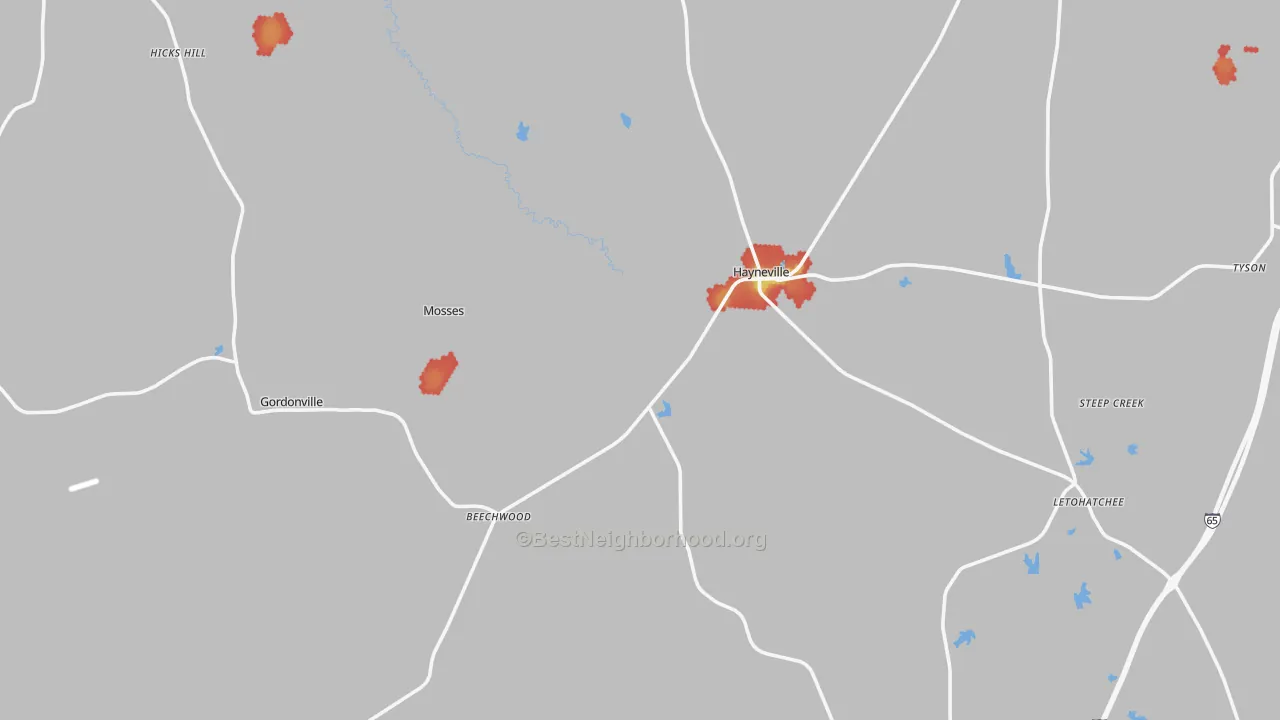 Walk Grade map of Lowndes County, AL, walkable areas in green and car-dependent areas in red