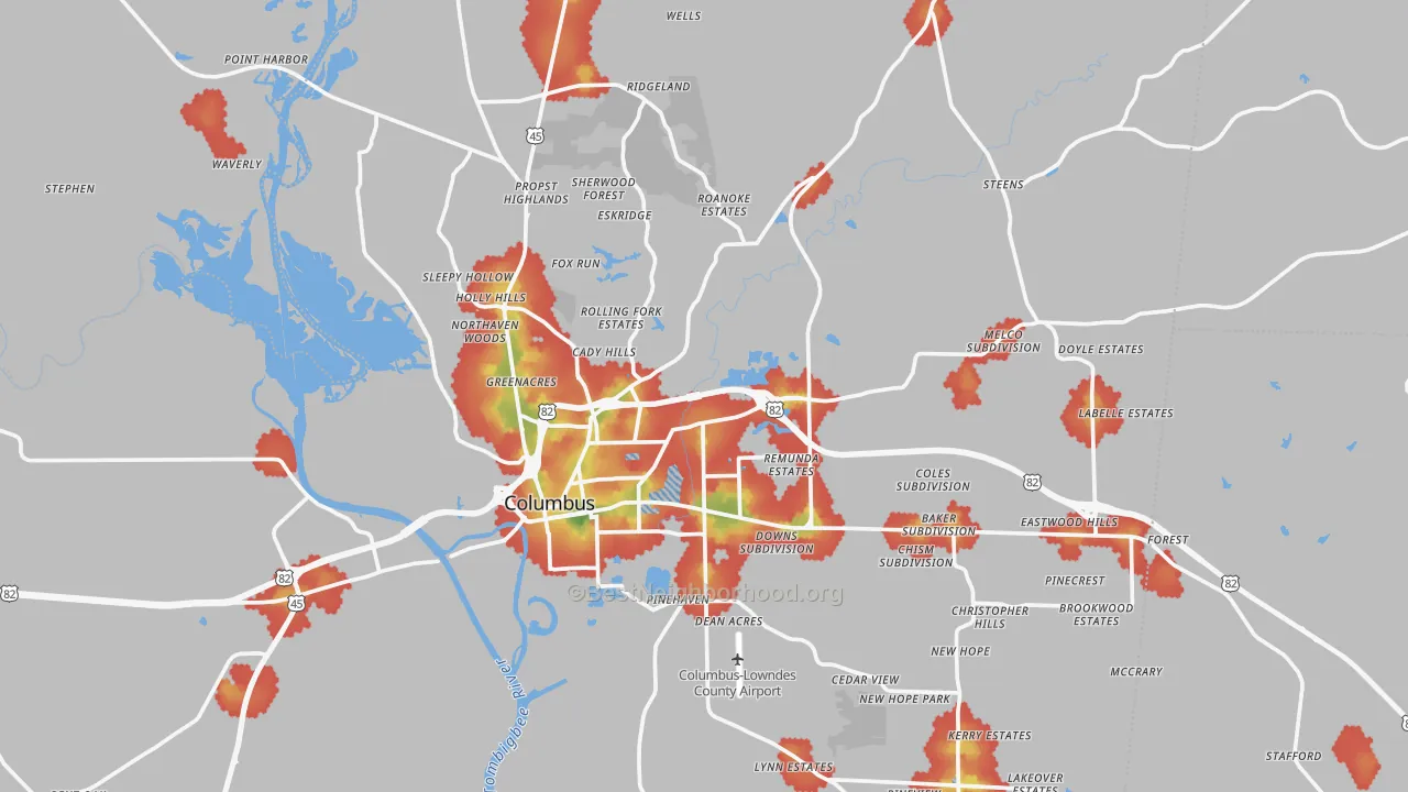 Walk Grade map of Lowndes County, MS, walkable areas in green and car-dependent areas in red