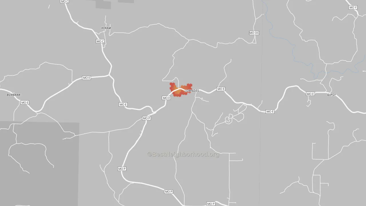Walk Grade map of Lowndes, MO, walkable areas in green and car-dependent areas in red