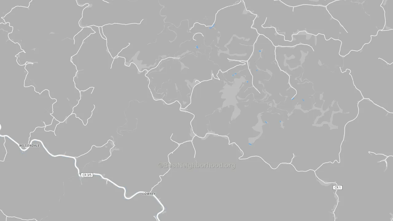 Walk Grade map of Lowney, WV, walkable areas in green and car-dependent areas in red
