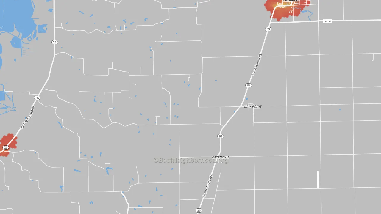 Walk Grade map of Lowpoint, IL, walkable areas in green and car-dependent areas in red