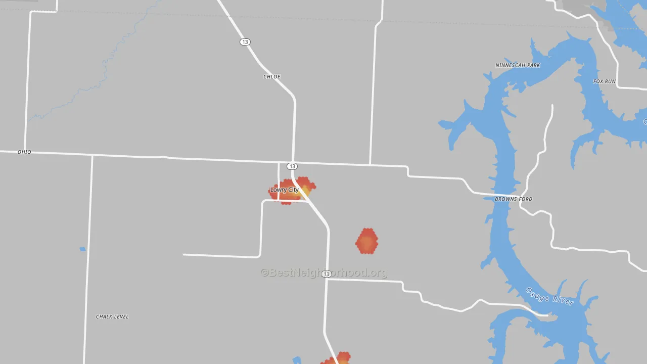 Walk Grade map of Lowry City, MO, walkable areas in green and car-dependent areas in red