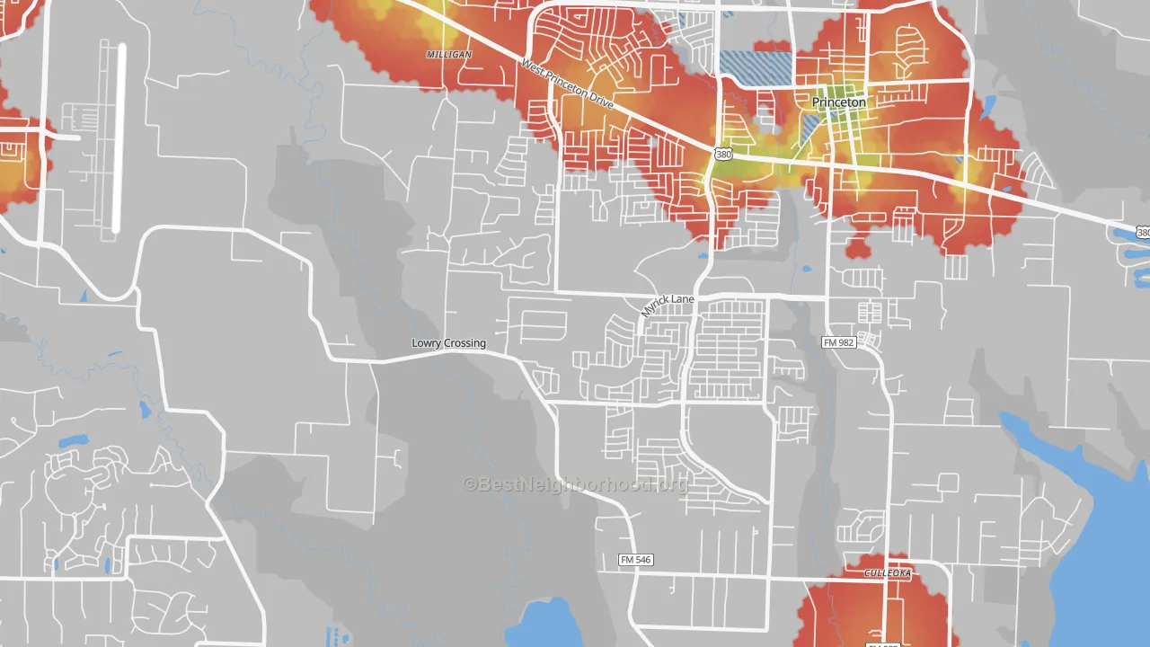 Walk Grade map of Lowry Crossing, TX, walkable areas in green and car-dependent areas in red