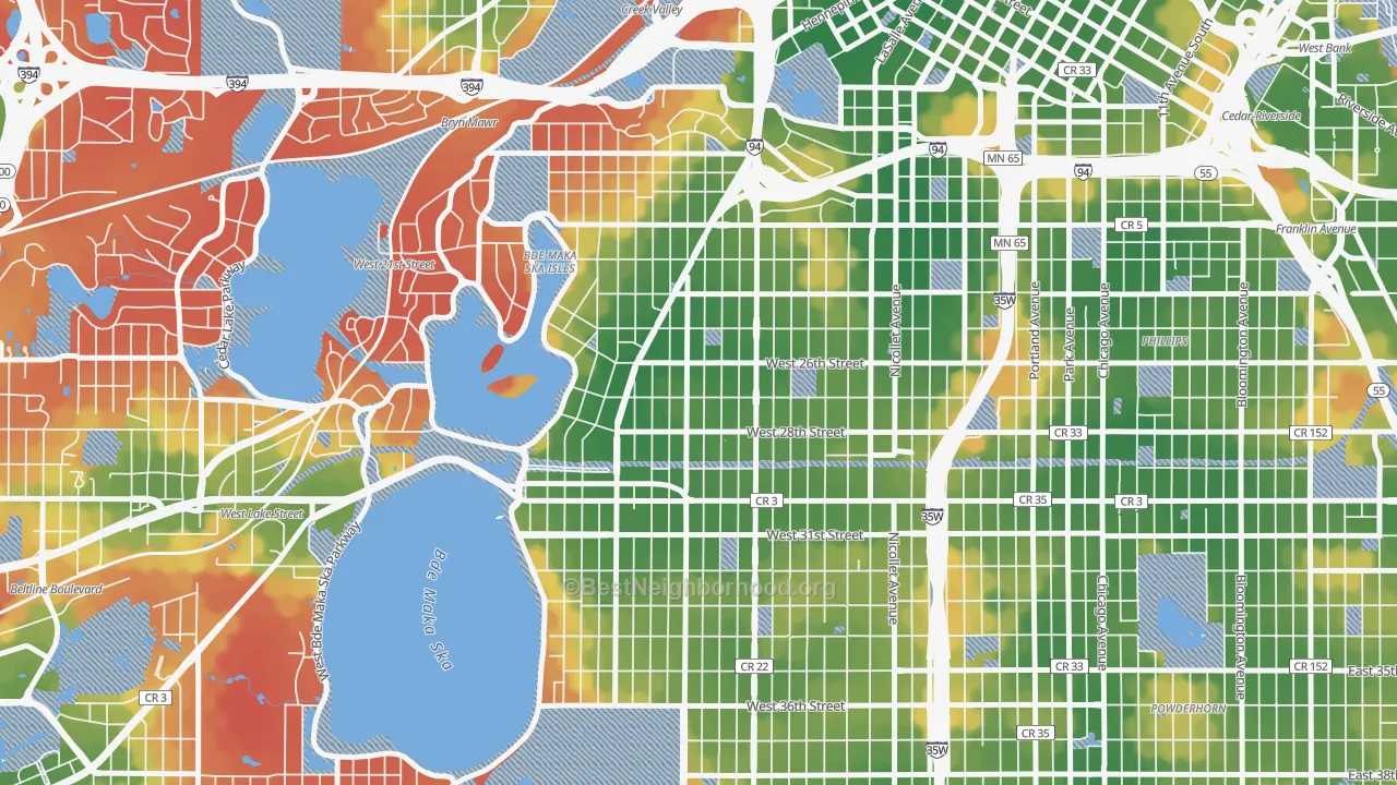 Walk Grade map of Lowry Hill East, Minneapolis, MN, walkable areas in green and car-dependent areas in red