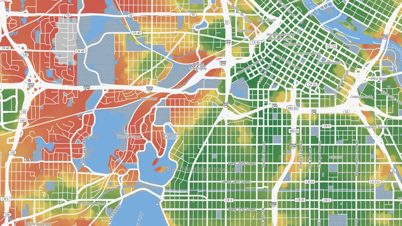 Walk Grade map of Lowry Hill, Minneapolis, MN, walkable areas in green and car-dependent areas in red