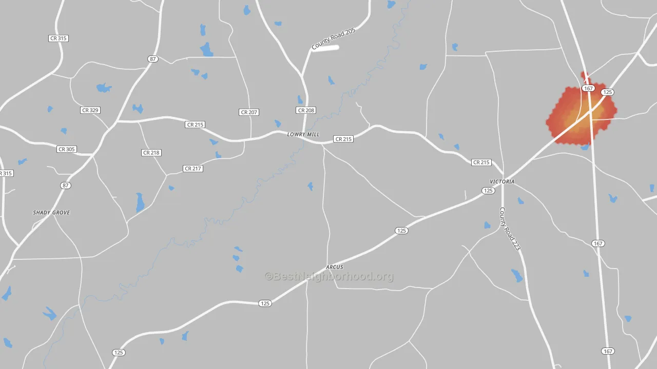 Walk Grade map of Lowry Mill, AL, walkable areas in green and car-dependent areas in red