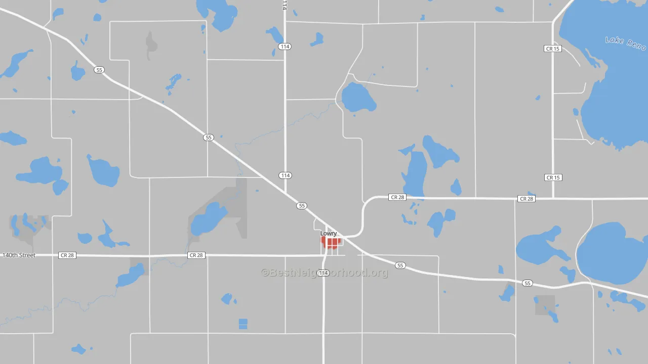Walk Grade map of Lowry, MN, walkable areas in green and car-dependent areas in red