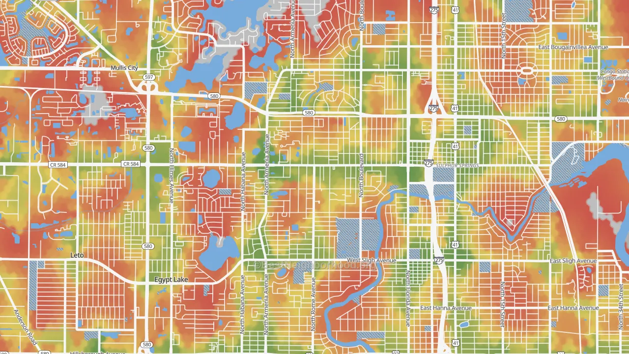 Walk Grade map of Lowry Park Central, Tampa, FL, walkable areas in green and car-dependent areas in red