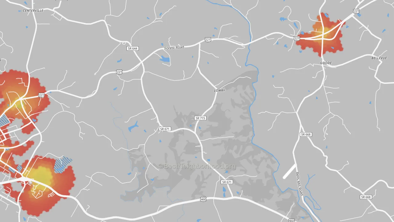Walk Grade map of Lowry, VA, walkable areas in green and car-dependent areas in red