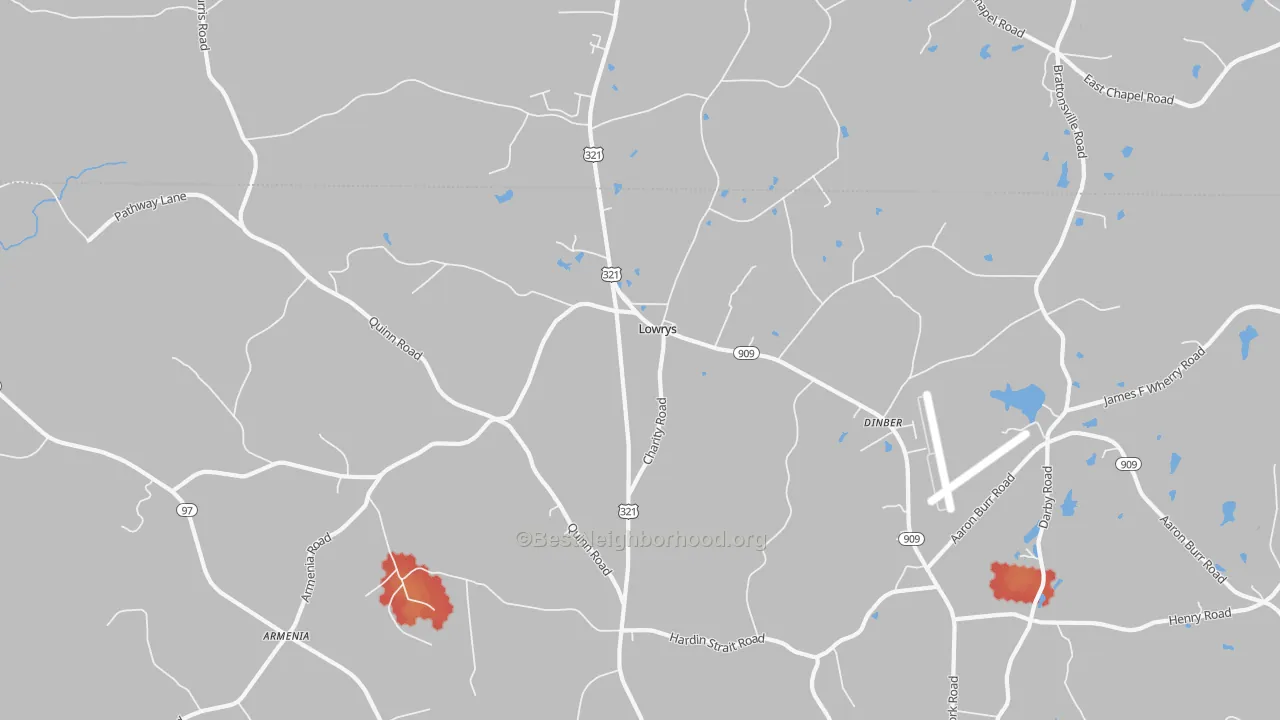 Walk Grade map of Lowrys, SC, walkable areas in green and car-dependent areas in red
