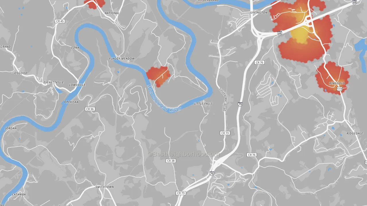 Walk Grade map of Lowsville, WV, walkable areas in green and car-dependent areas in red