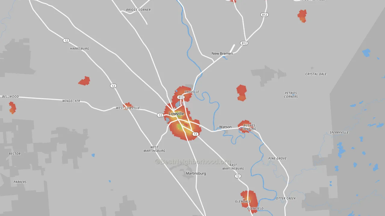 Walk Grade map of Lowville, NY, walkable areas in green and car-dependent areas in red
