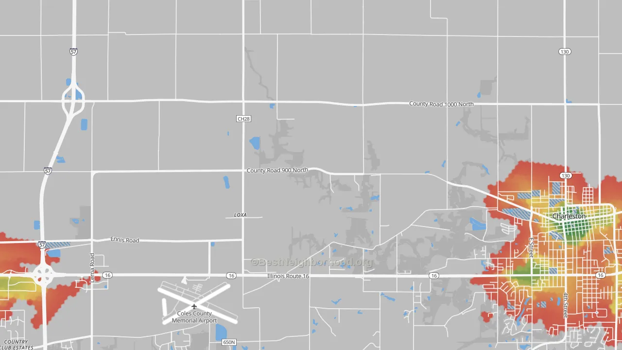 Walk Grade map of Loxa, IL, walkable areas in green and car-dependent areas in red