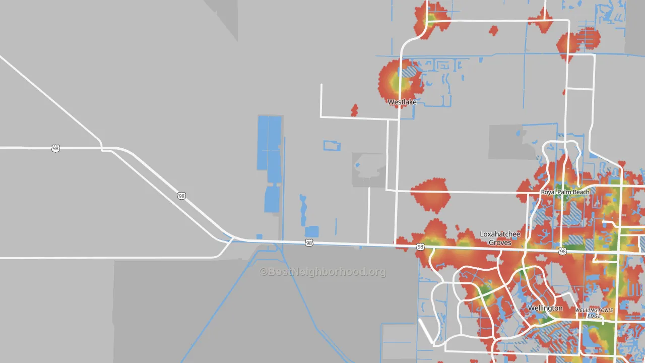 Walk Grade map of Loxahatchee, FL, walkable areas in green and car-dependent areas in red