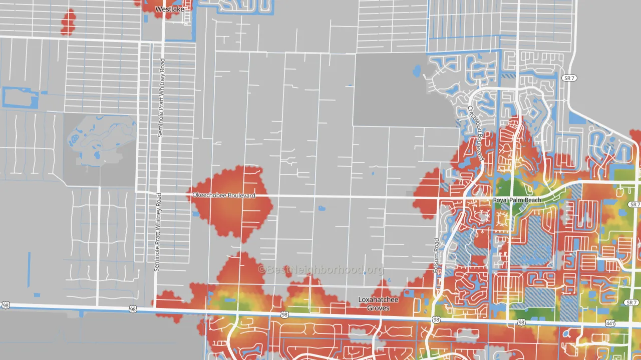 Walk Grade map of Loxahatchee Groves, FL, walkable areas in green and car-dependent areas in red