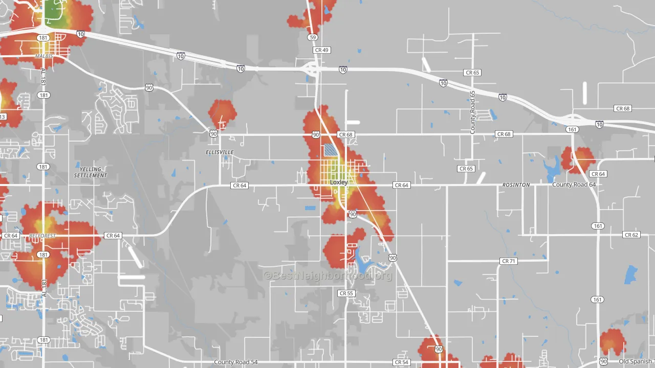 Walk Grade map of Loxley, AL, walkable areas in green and car-dependent areas in red