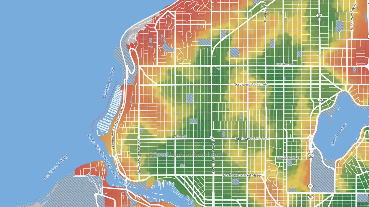 Walk Grade map of Loyal Heights, Seattle, WA, walkable areas in green and car-dependent areas in red