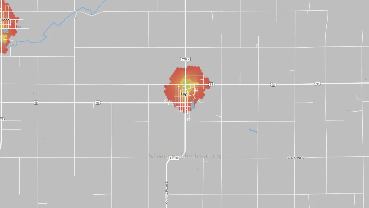 Walk Grade map of Loyal, WI, walkable areas in green and car-dependent areas in red