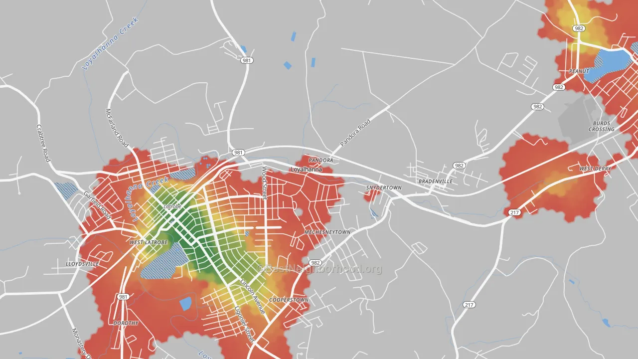 Walk Grade map of Loyalhanna, PA, walkable areas in green and car-dependent areas in red