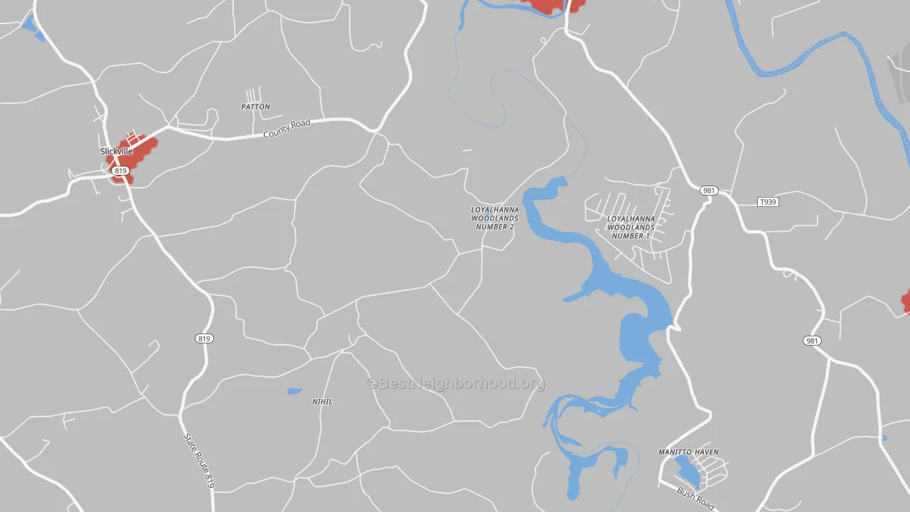 Walk Grade map of Loyalhanna Woodlands Number 2, PA, walkable areas in green and car-dependent areas in red