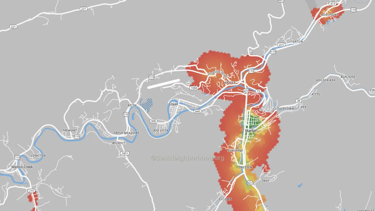 Walk Grade map of Loyall, KY, walkable areas in green and car-dependent areas in red