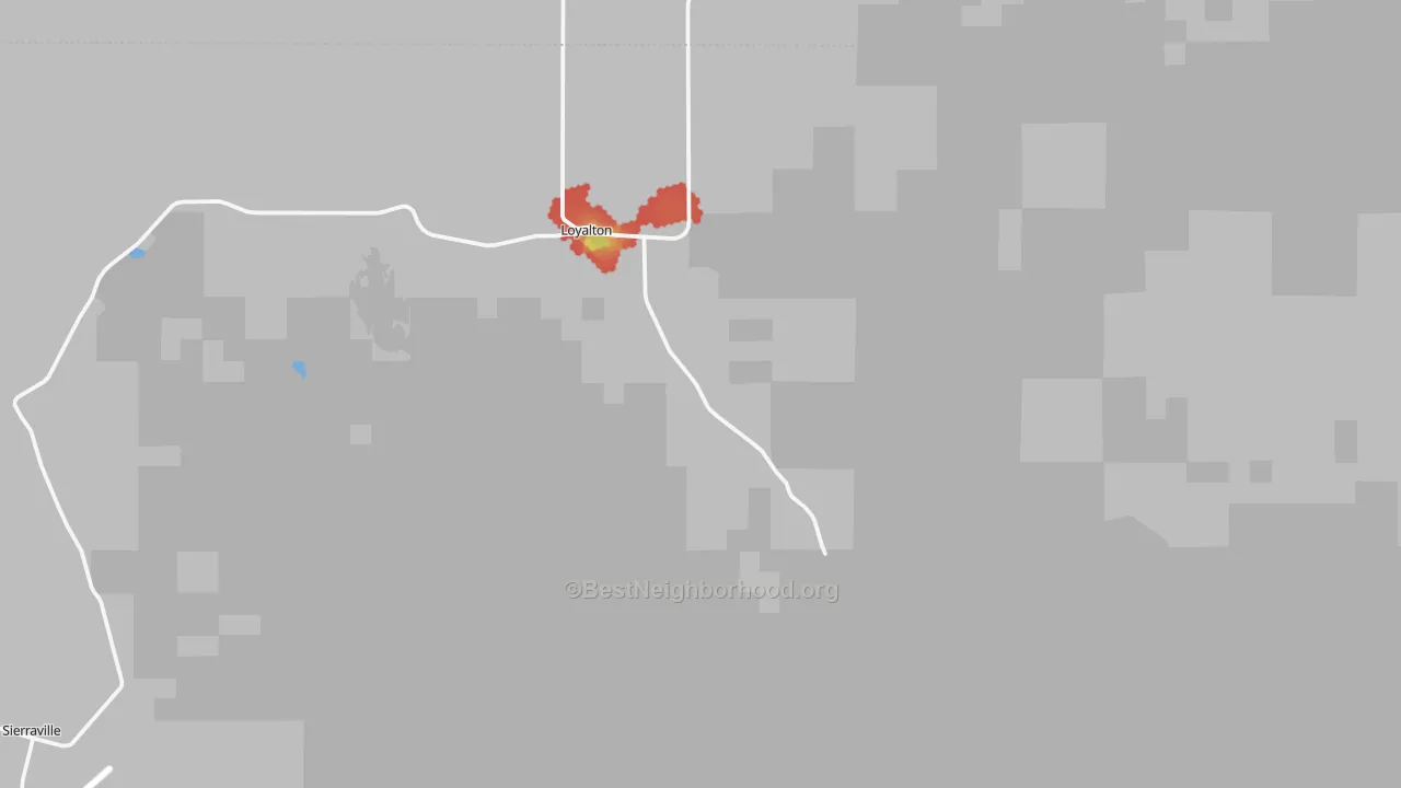 Walk Grade map of Loyalton, CA, walkable areas in green and car-dependent areas in red