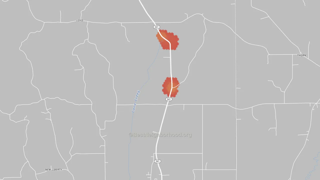 Walk Grade map of Loyd, MS, walkable areas in green and car-dependent areas in red