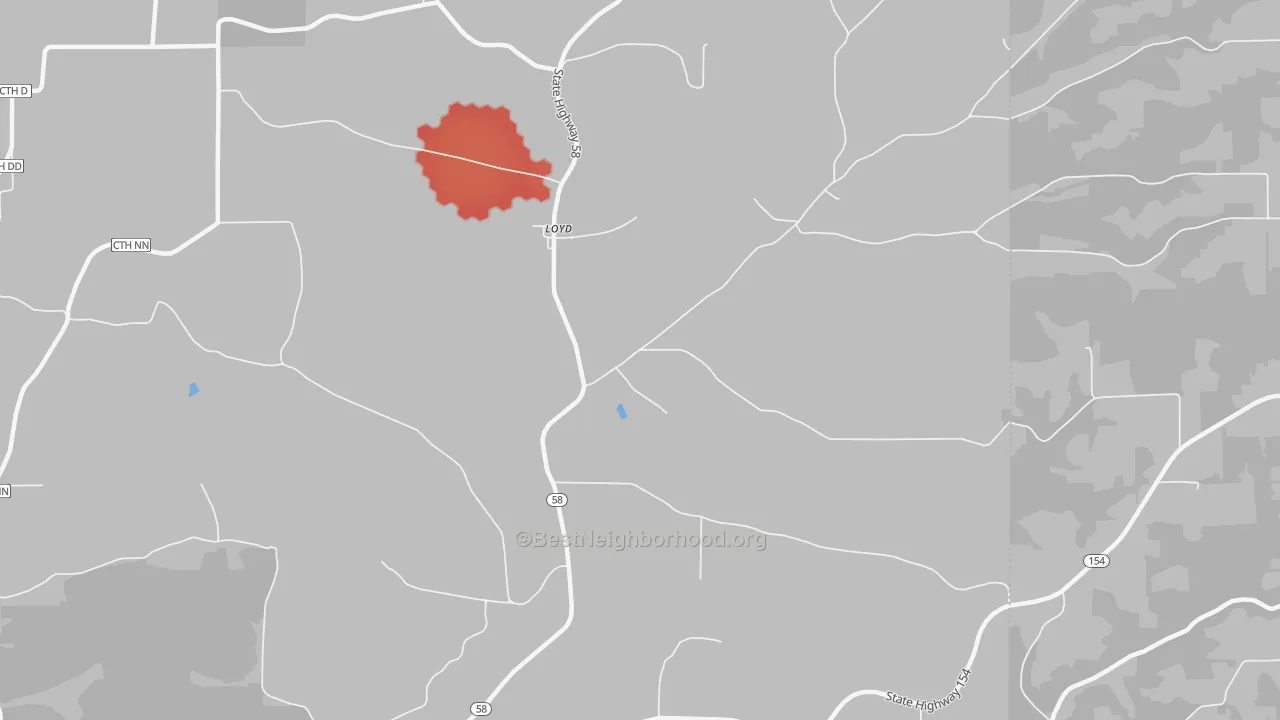 Walk Grade map of Loyd, WI, walkable areas in green and car-dependent areas in red