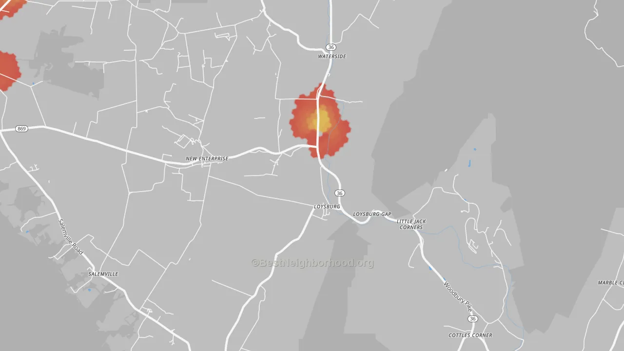 Walk Grade map of Loysburg, PA, walkable areas in green and car-dependent areas in red