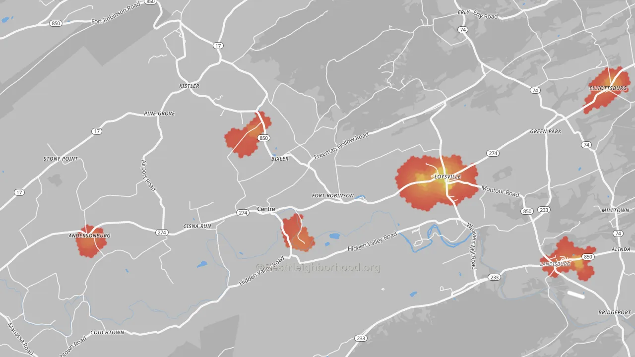 Walk Grade map of Loysville, PA, walkable areas in green and car-dependent areas in red