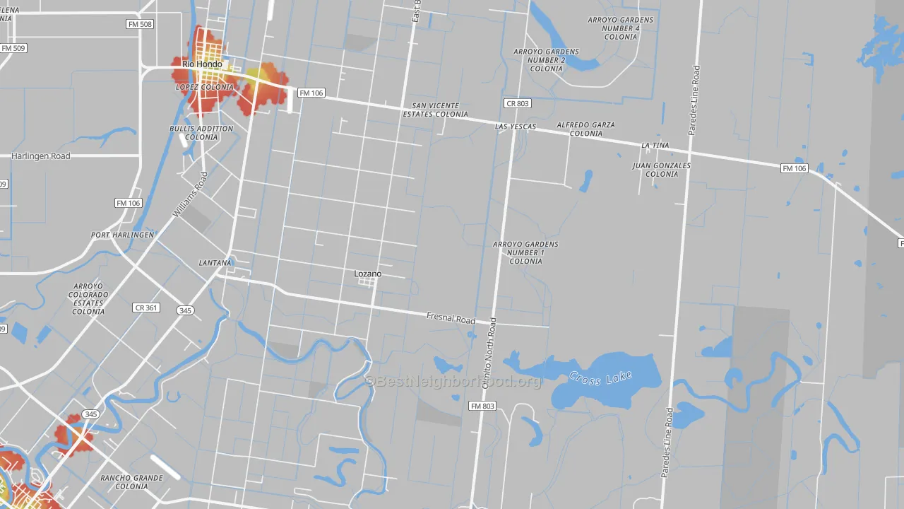 Walk Grade map of Lozano, TX, walkable areas in green and car-dependent areas in red