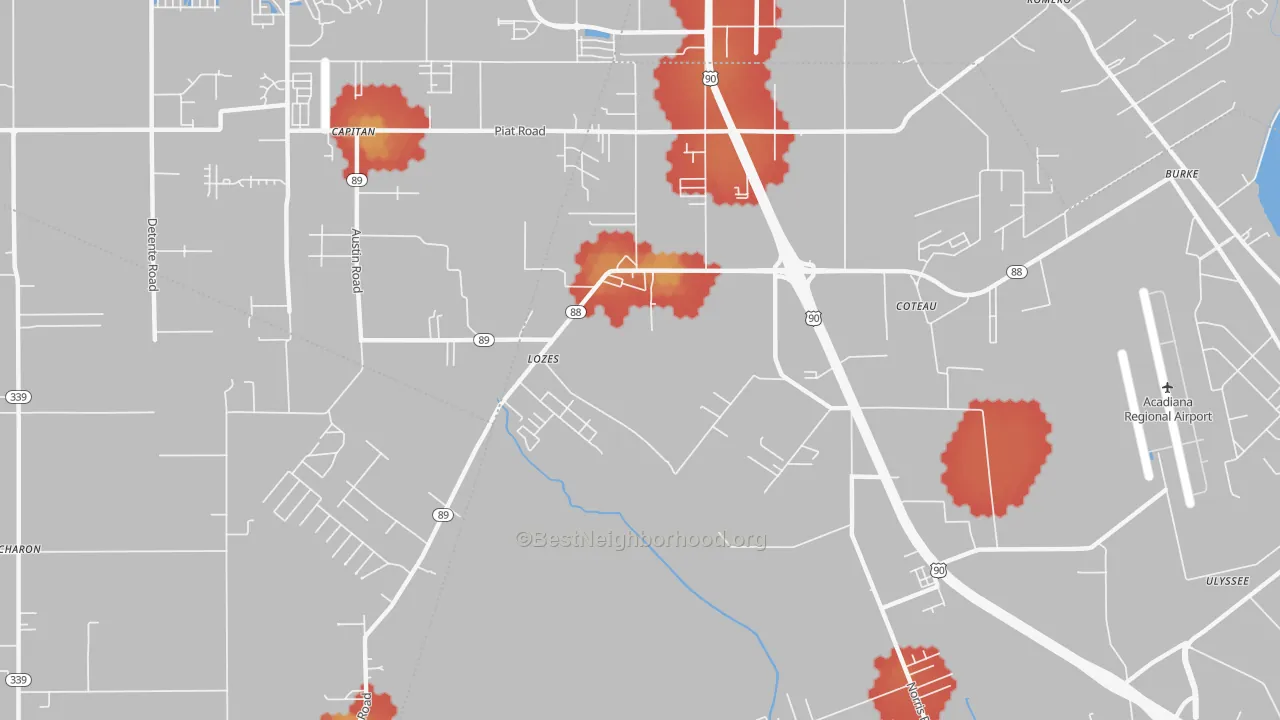 Walk Grade map of Lozes, LA, walkable areas in green and car-dependent areas in red