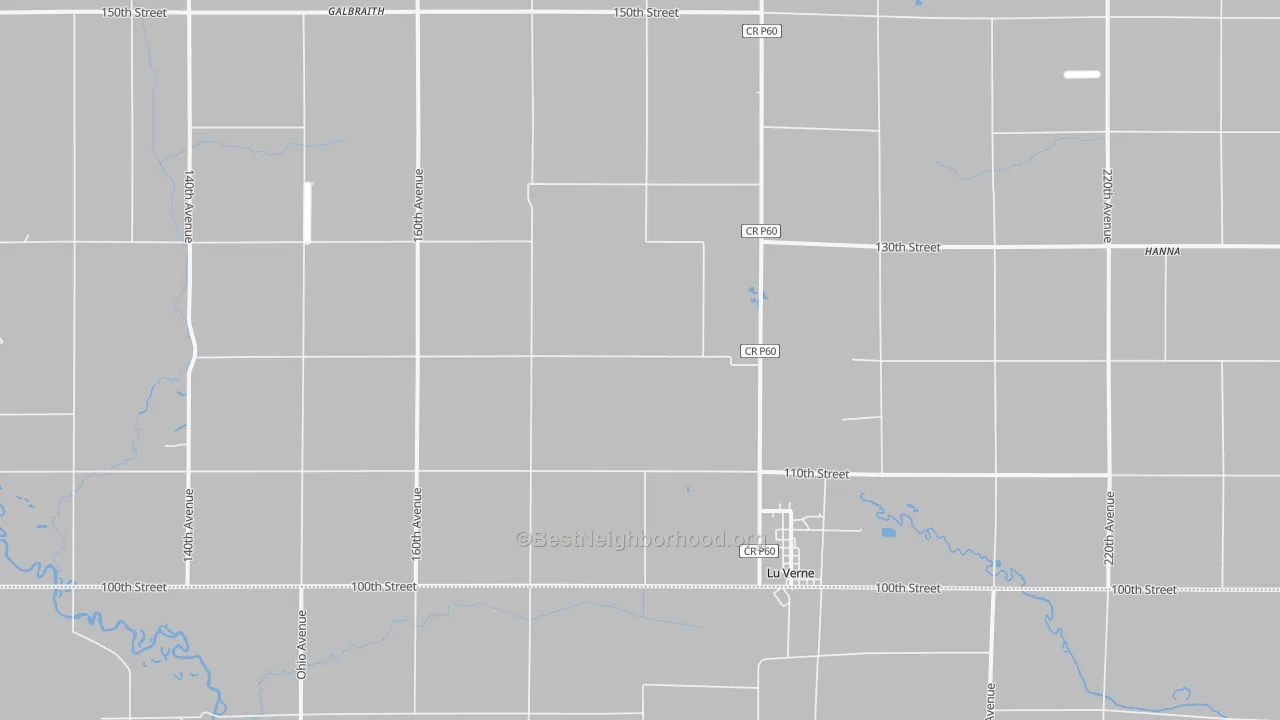 Walk Grade map of Lu Verne, IA, walkable areas in green and car-dependent areas in red