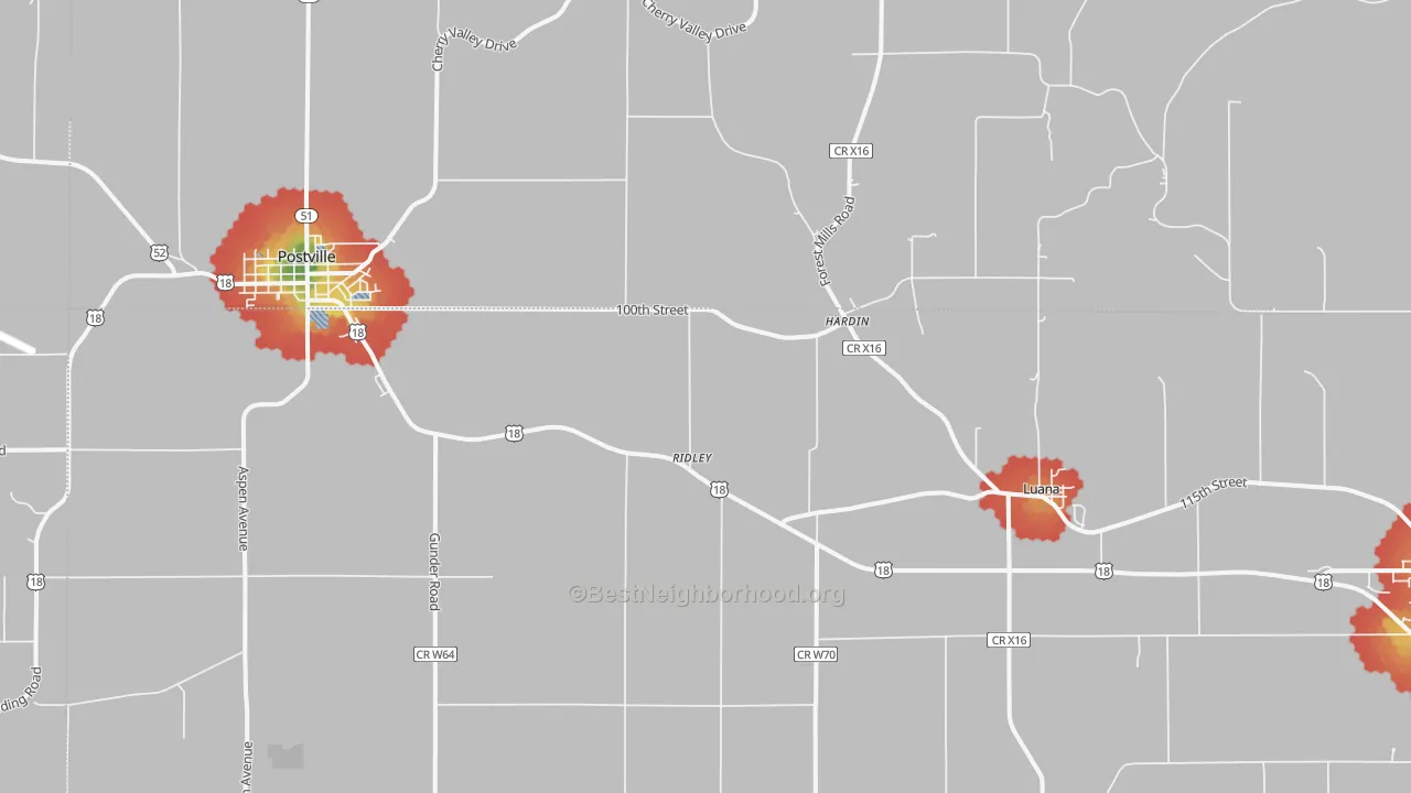 Walk Grade map of Luana, IA, walkable areas in green and car-dependent areas in red