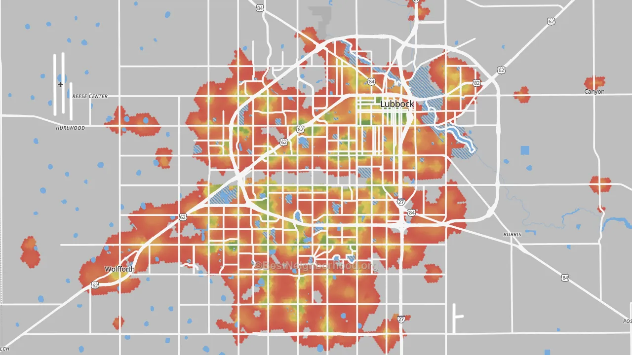 Walk Grade map of Lubbock County, TX, walkable areas in green and car-dependent areas in red