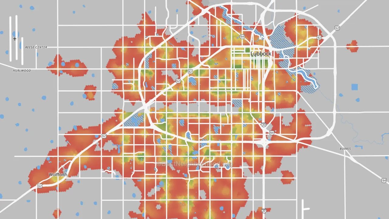 Walk Grade map of Lubbock, TX, walkable areas in green and car-dependent areas in red
