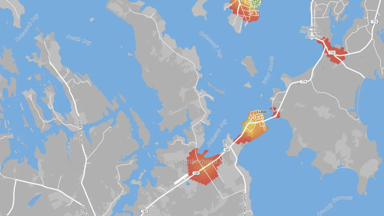 Walk Grade map of Lubec, ME, walkable areas in green and car-dependent areas in red